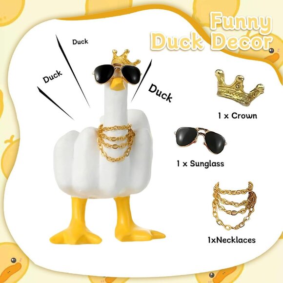 Funny Resin Duck Statue with Crown and Glasses White Yellow Desk Office Decor - Picture 4 of 6